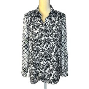 Escada Sport Black & White Floral Plaid Long Sleeve Button Down Shirt 34- Small